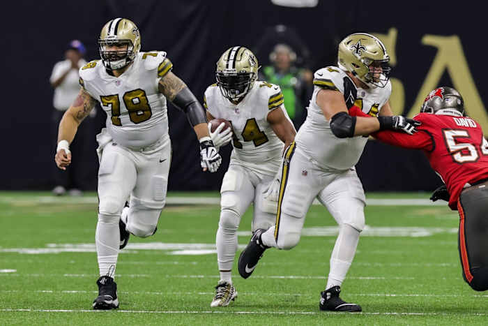 New Orleans Saints center Erik McCoy (78) blocks downfield for running back Mark Ingram II (14) against Tampa Bay. Mandatory Credit: Stephen Lew-USA TODAY Sports